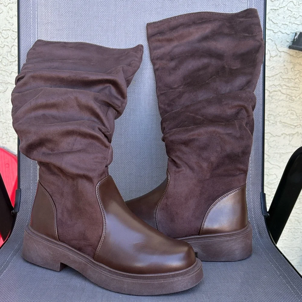 Women’s fashionable brown chunky heels riding boots with zipper size:8.5